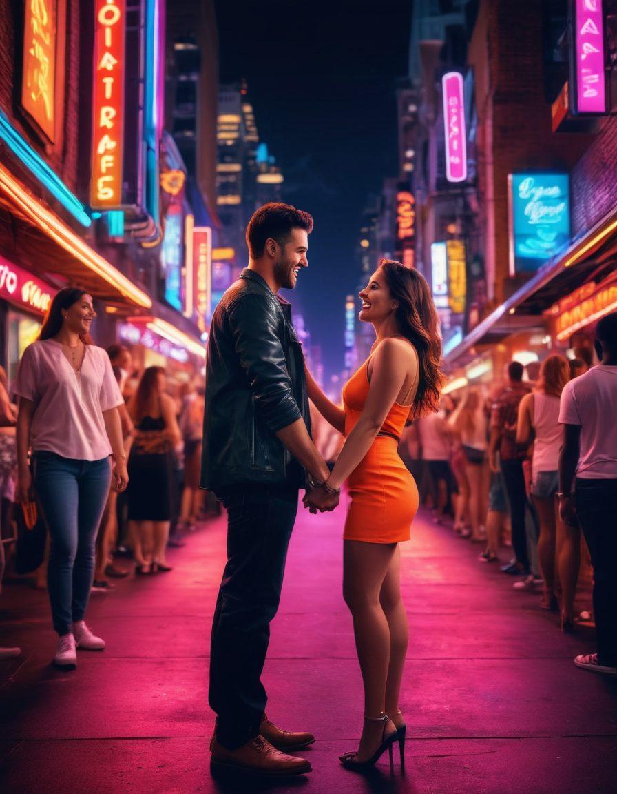 A vibrant city nightlife scene showcasing a couple engaged in a spontaneous romantic moment, illuminated by neon lights and surrounded by energetic crowds, capturing the thrill of modern dating. Elements of adventure like a night skyline, laughter, and joyful expressions should be prominent. super-realistic. vibrant colors. urban setting.
