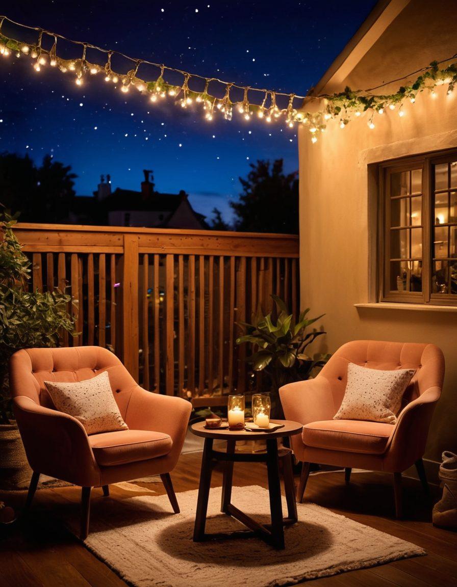 An intimate setting with two soft-lit, cozy chairs facing each other, surrounded by warm candles and plush pillows. Include whimsical elements like sparkling fairy lights above, a small table with playful board games, and an open bottle of wine, creating an inviting atmosphere. The background should suggest a serene night sky with subtle stars, evoking a sense of connection and warmth. vibrant colors. soft focus. romantic ambiance.