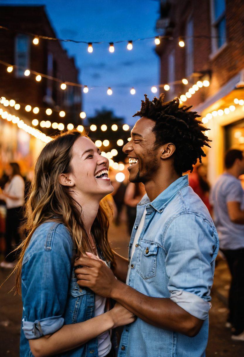 A lively, urban scene depicting a couple laughing and having fun at a spontaneous outdoor gathering, surrounded by vibrant street art and twinkling fairy lights. Include elements like food trucks, diverse groups of people mingling, and a colorful sunset in the background to evoke a sense of adventure and connection. Focus on joy and casual interactions, highlighting the essence of spontaneous dating. vibrant colors. 3D.